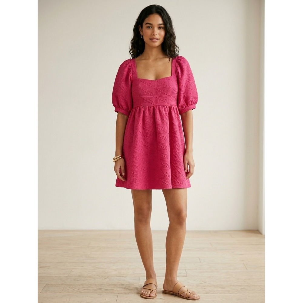 Free People Pink Jacquard Puff Sleeve Mini Dress Square Neck Tie Back Size M